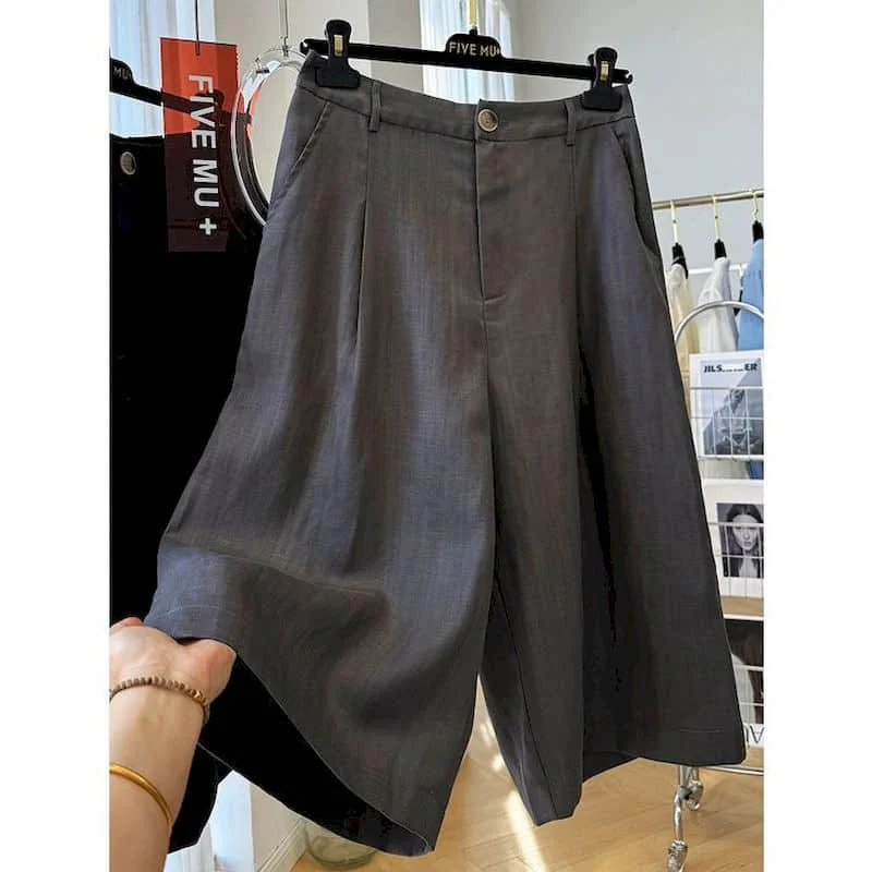 

Casual Pants Women's Summer Loose Solid Color Calf-length Elastic Waist Trousers Korean Style Streetwear Female Wide Leg Pants