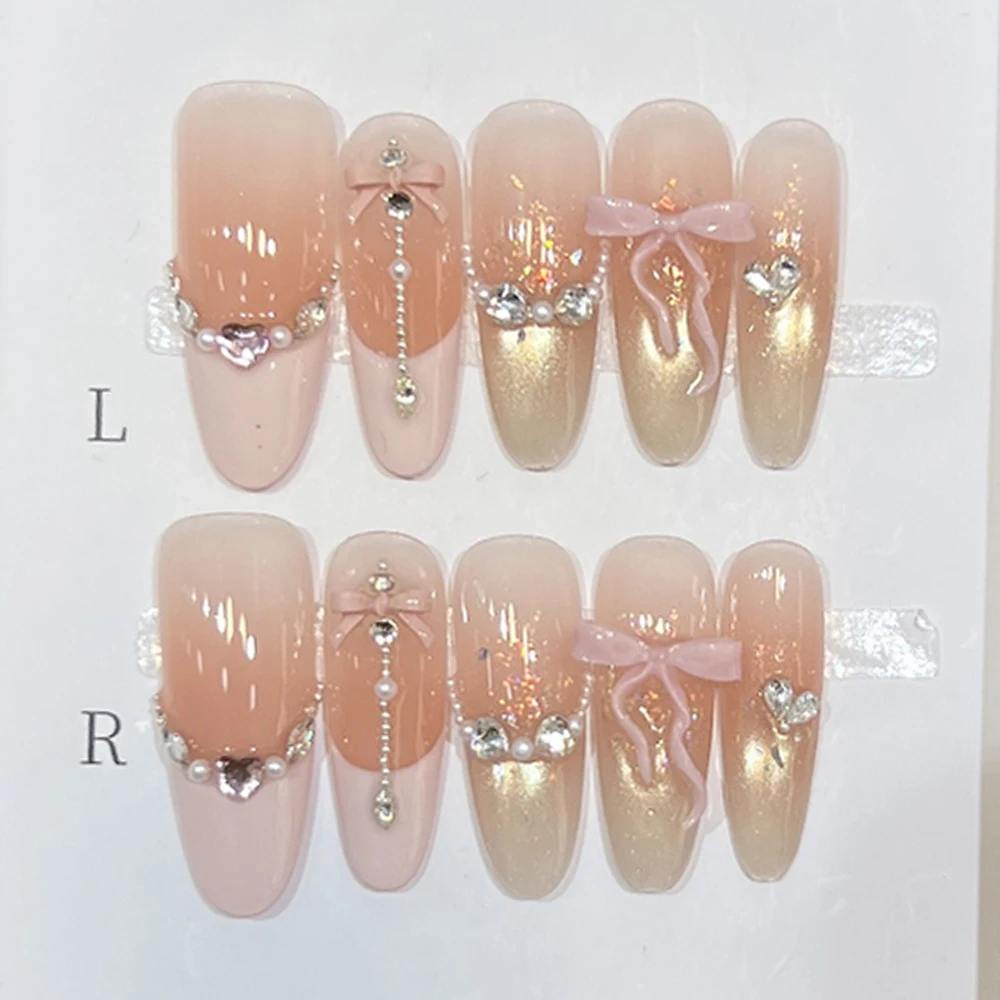 10Pcs Sweet Lovely Cat Eyes Long Stiletto Handmade Press On Nails Light Luxury Glitter Diamond Flowers Wearable False Nails