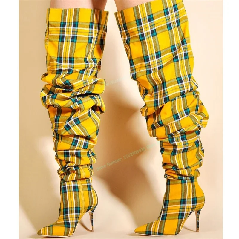 

Mixed Color Plaid Over The Knee Boots Pointed Toe Shoes for Women Thin High Heels Sexy Autumn Shoes 2023 Zapatos Para Mujere