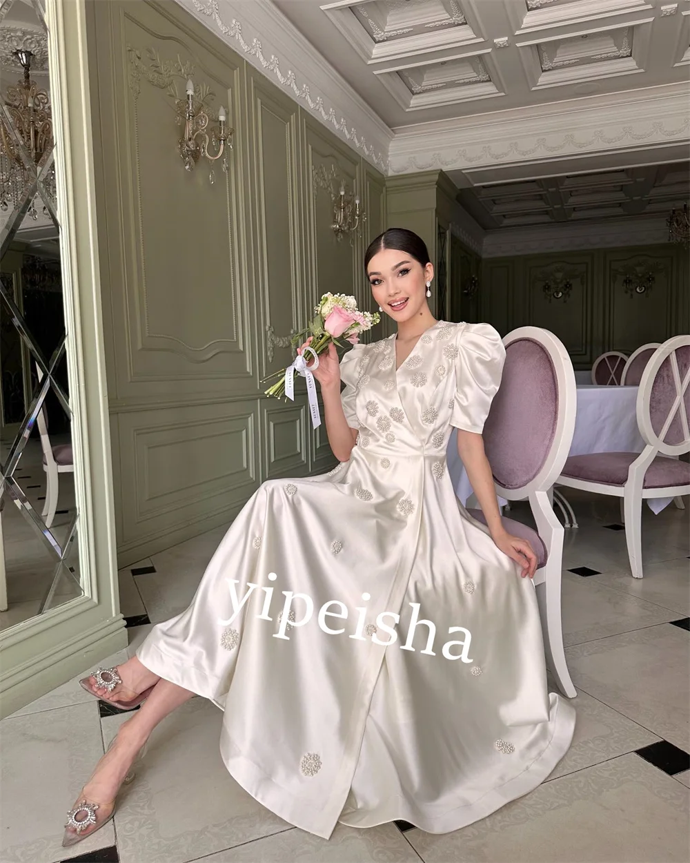 Vestido midi de satén con flores y perlas para el día de San Valentín, corte en A, cuello en V, a medida