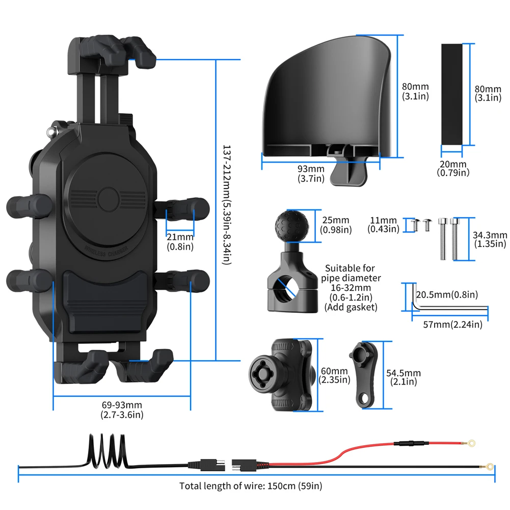 15W Motorcycle Bicycle Wireless Charger Phone Holder Stand 360° Rotation Waterproof Handlebar Mount Bracket Shockproof With Hat