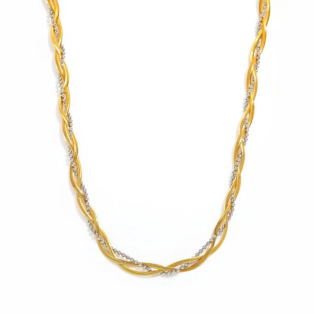 

Joolim Jewelry Wholesale Waterproof Fashion Two-tone Braided Simple Basic Wheat Chain Stainless Steel Necklace for Women
