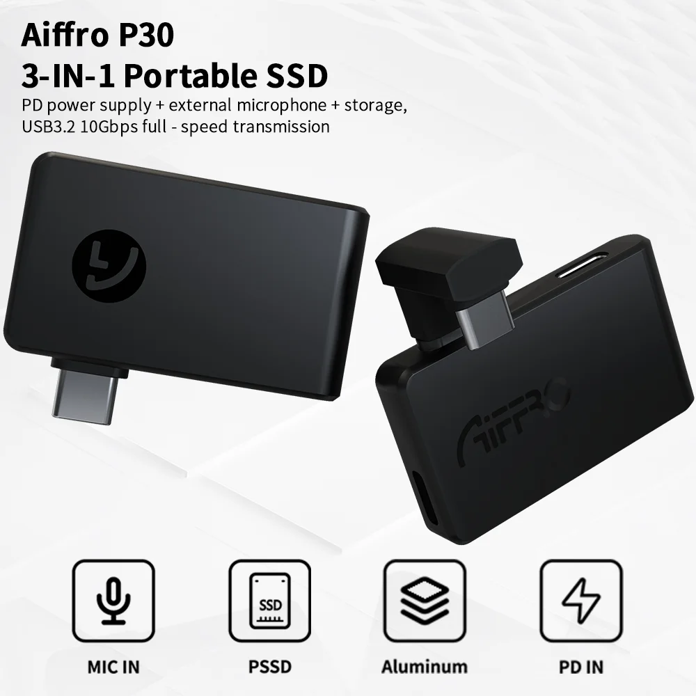 

Aiffro P30 3 in 1 Portable SSD, Supports ProRes/Microphone,with PD interface, Up to 1000MB/S