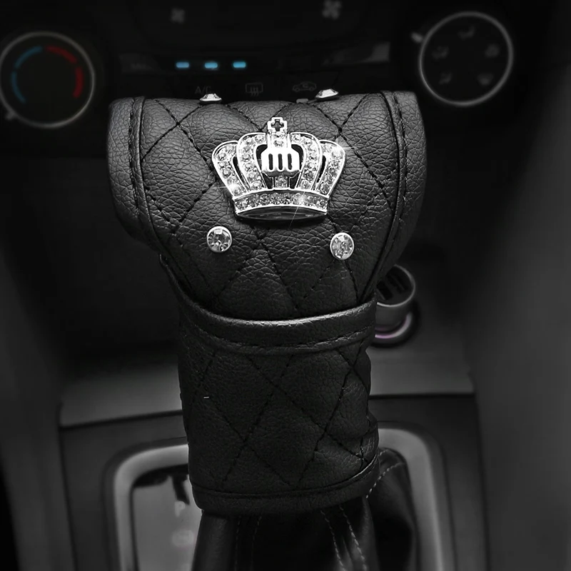 PU Leather Car Gear Shift Cover Anti-Slip Leather Car Gear Shift Knob Cover with Bling Crown