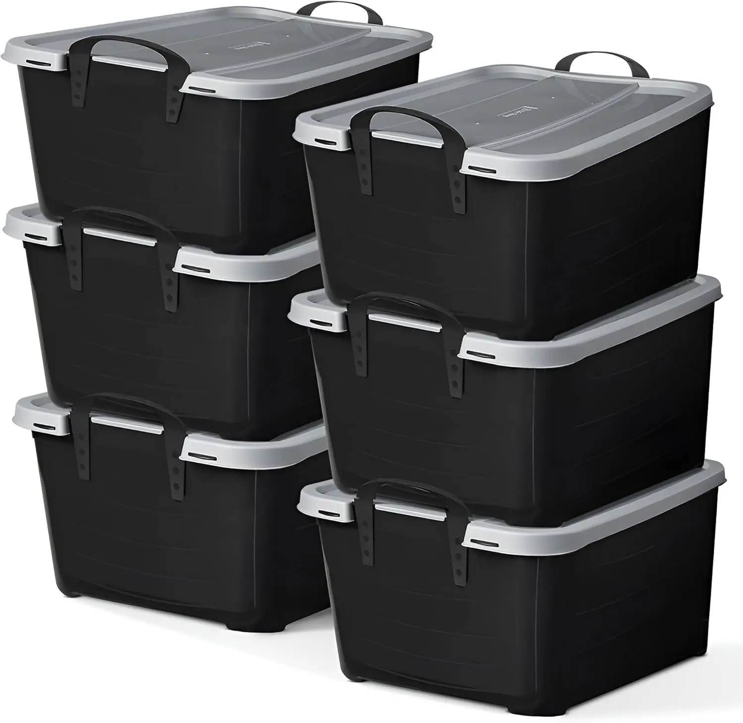 

Heavy-Duty Stackable Storage Bins, 55 Quart Organizer with Locking Lids and Handles, Black/Gray