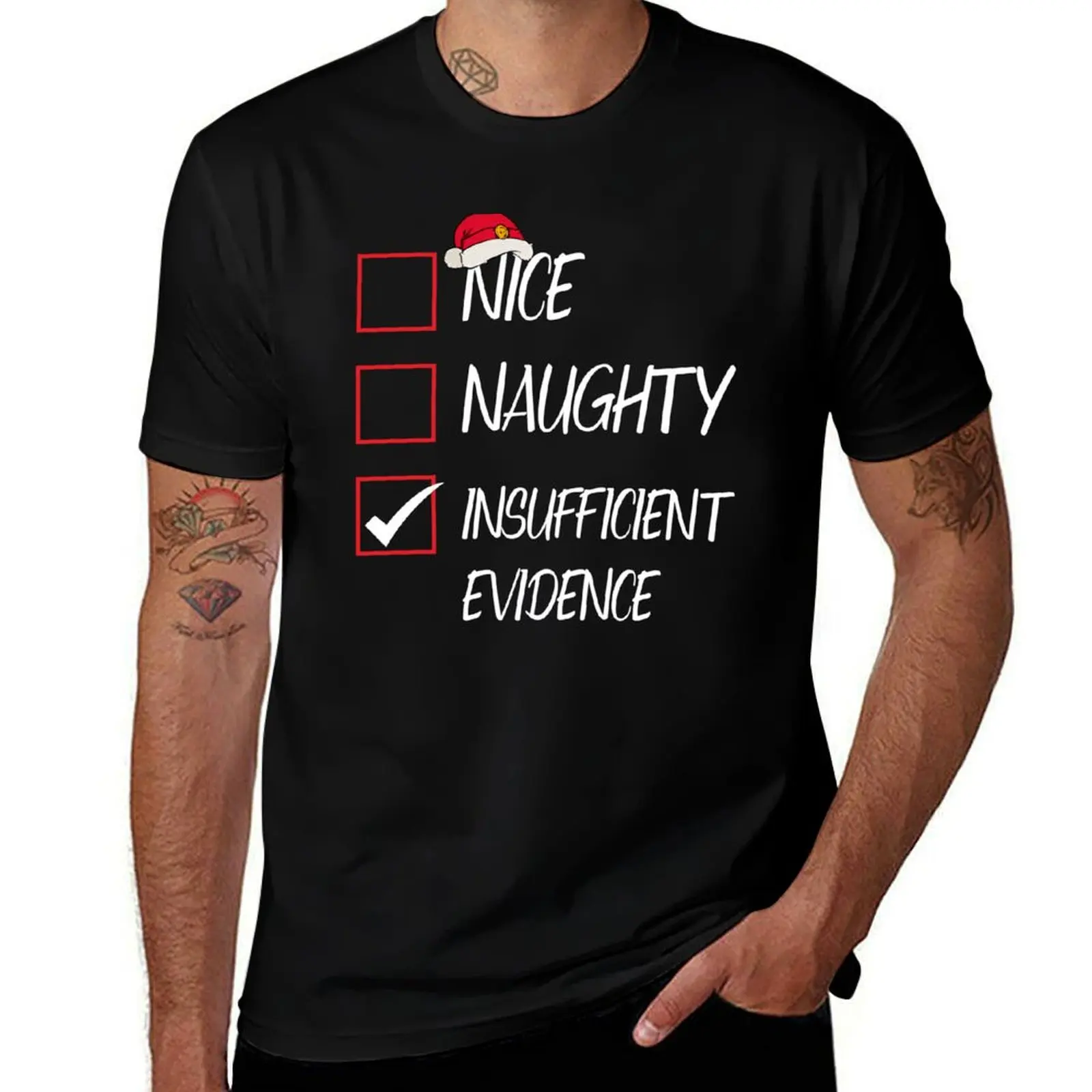 Nice Naughty Insufficient Evidence Christmas Santa Claus T-Shirt Classic Print Short Sleeve Shirt T-Shirt