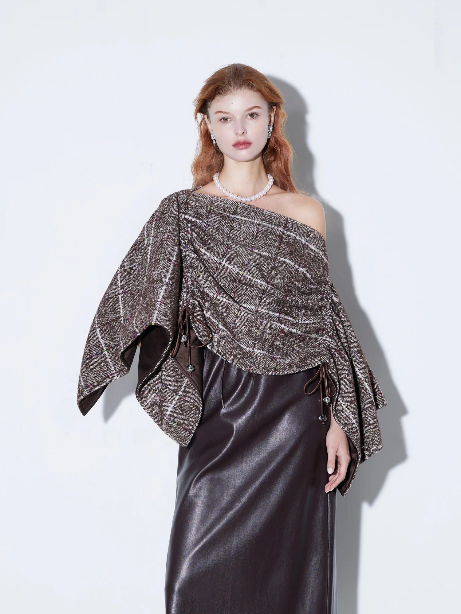 

Finocci Sequin Plaid Beaded Deconstructed Dstring Silver Bead Tied Woolen awl Coat Street Sle Loose Fit