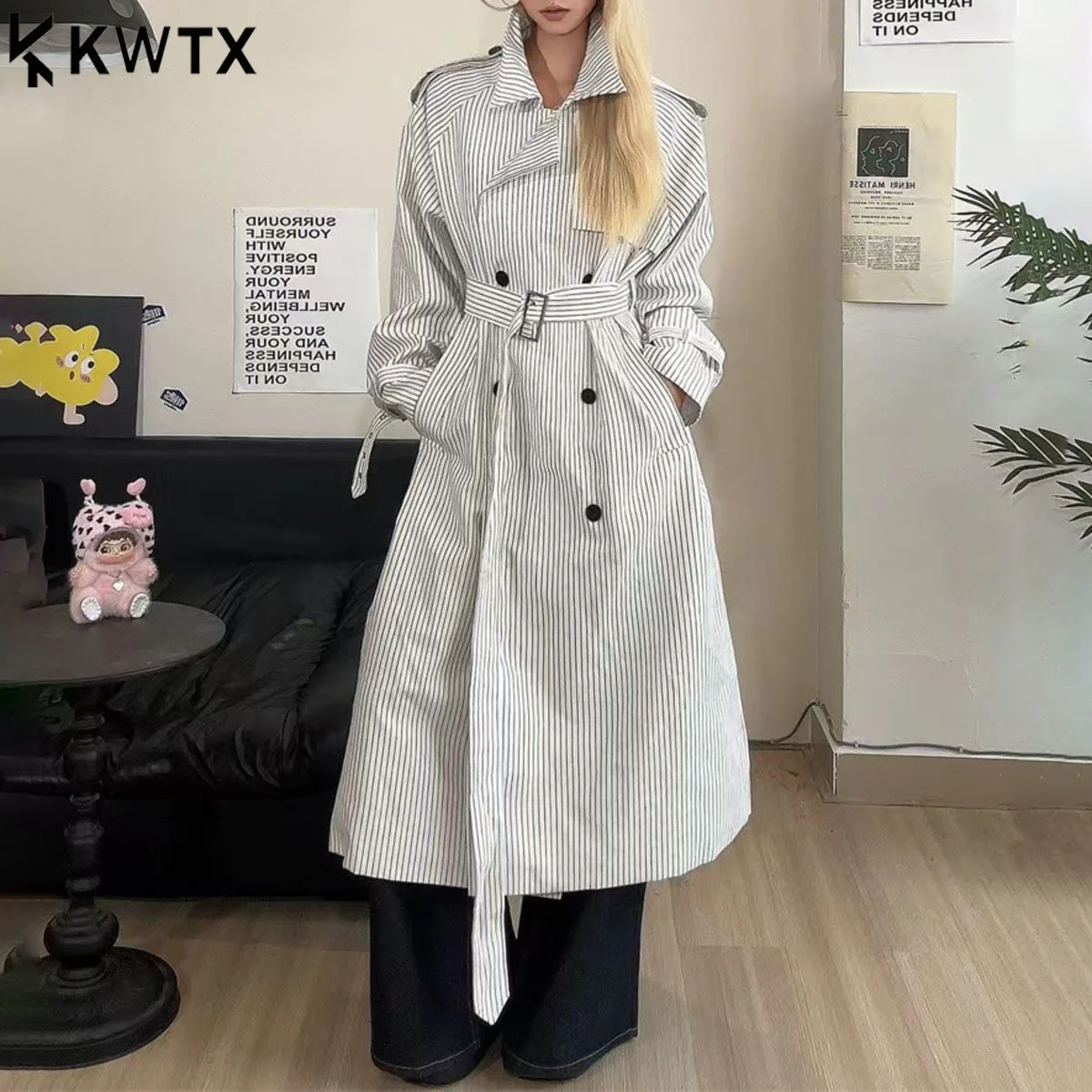 

KWTX Women's 2025 Autumn Winter Striped Long Trench Coat Double Breasted Color Block Lapel Belted Vintage Chic Casual New