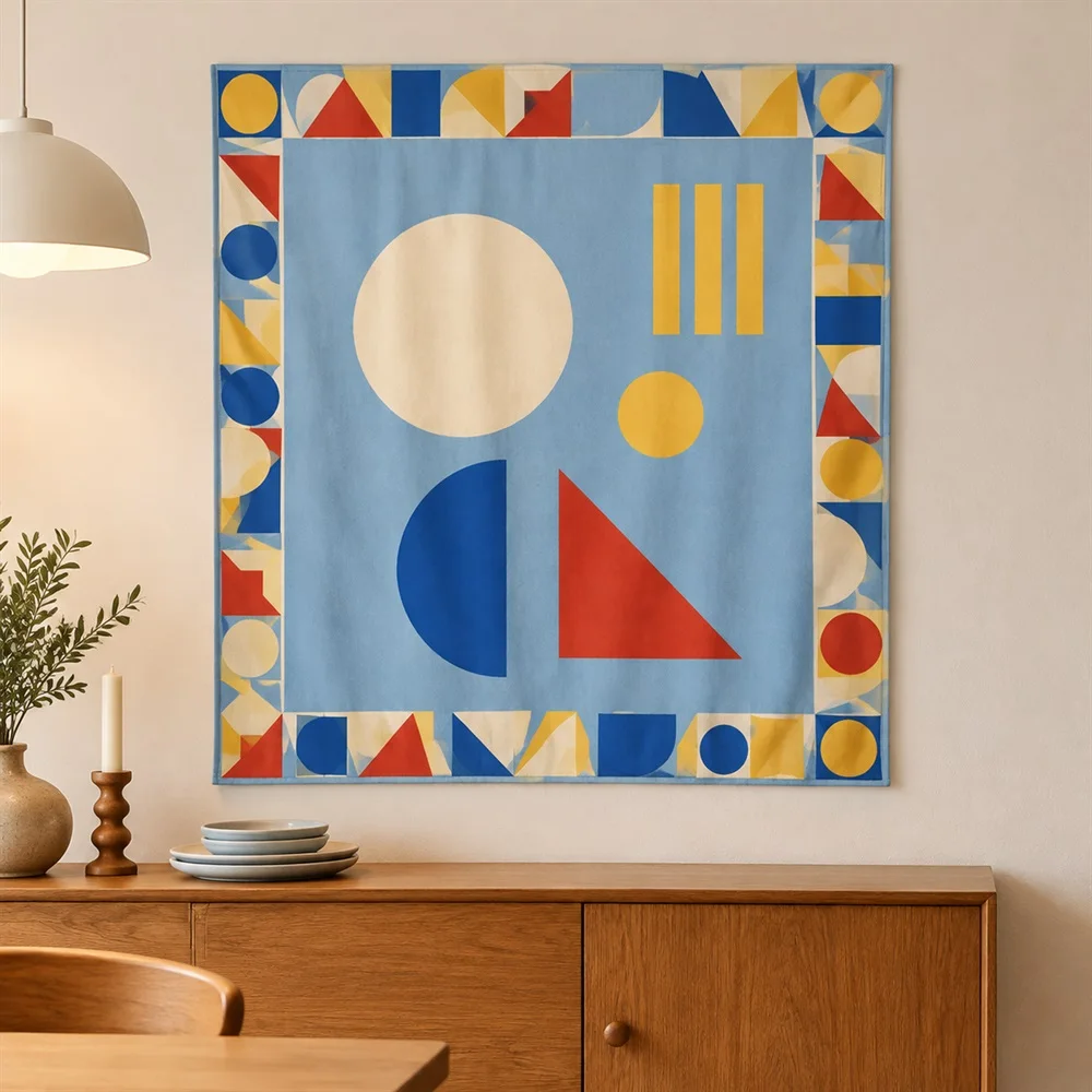 VIKAMA Bauhaus Geometric Tapestry Wall Hanging, Abstract Color Block Wall Art, Modern Decor for Living Room Office Study Bedroom