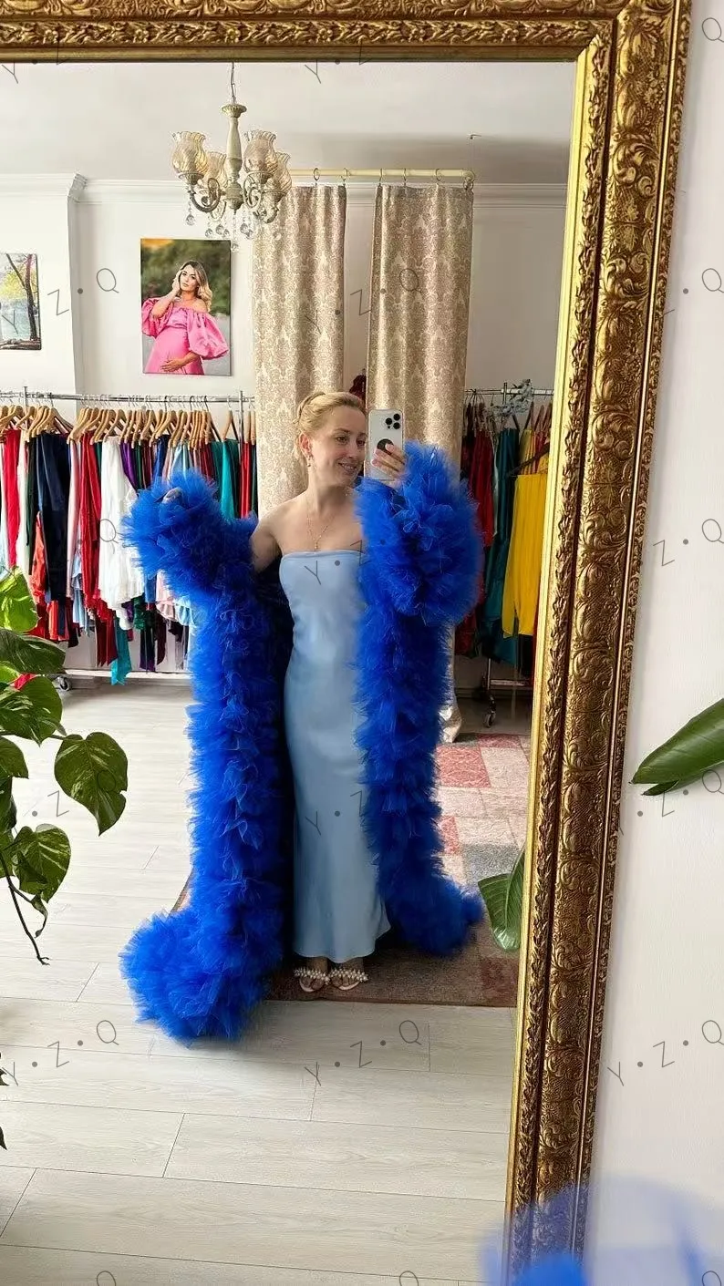 Fofo babados em camadas tule casaco feminino roupa frente aberta longo robe azul real tule longo jaqueta feminina mangas completas maxi vestido