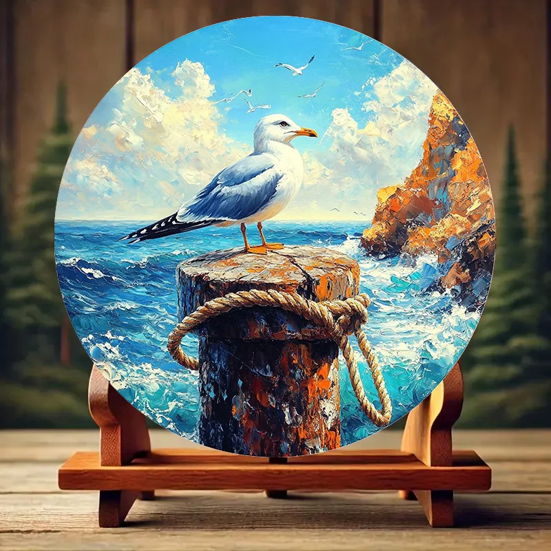 Round 8x8 Inch Seagull on Pillar Aluminum Art Plate – Coastal Blue Sea & Waves Scene, Durable Circular Metal Poster