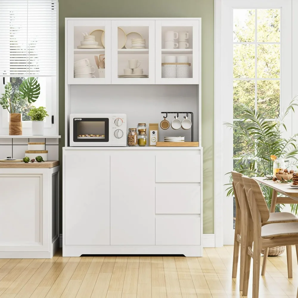 Kitchen Cabinet, LED Lights and Charging Station, Kitchen Hutch Cabinet with Storage and Microwave Stand, Cabinets Kitchen image 4