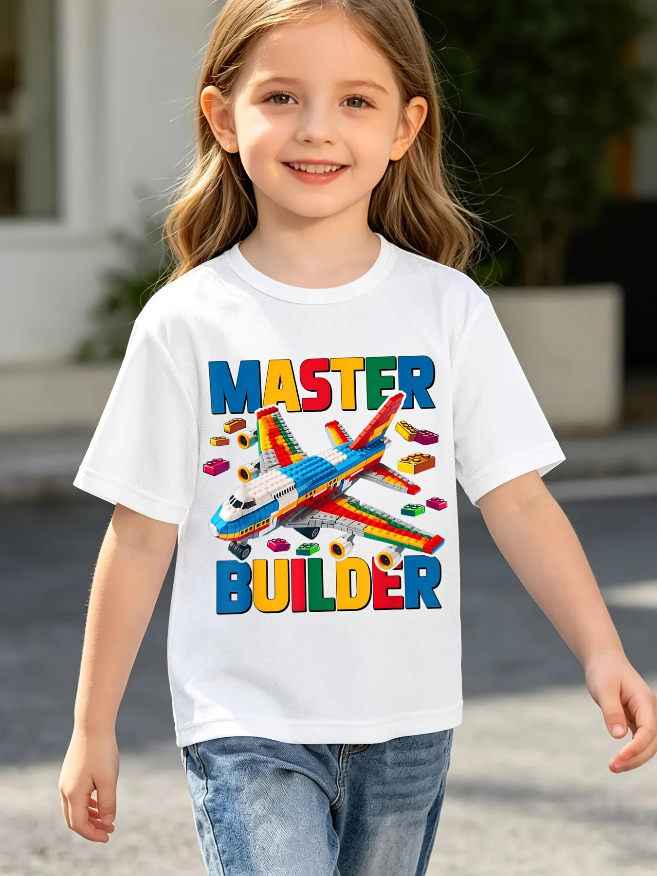 Kids T Shirt Master Builder Colorful Block Airplane Cartoon Graphic Short Sleeve Cotton Tops For Boys Girls Daily Casual Outfit