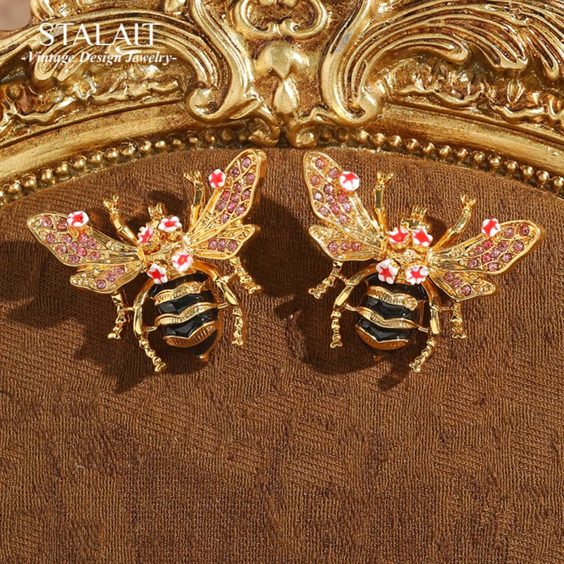 

Vintage Enamel Drip Oil Bee Earrings Moth Pink Flower Antique Gold Color Luxury Brand Jewelry Valentine Day Gift 2025 New Trendy