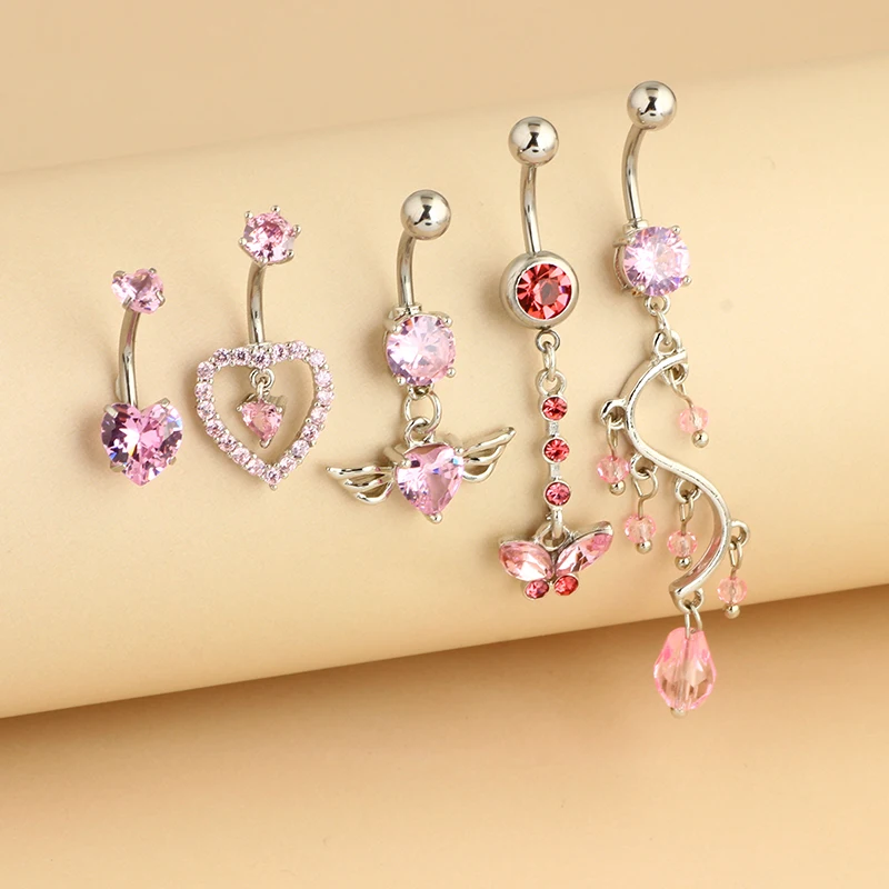 5PCS Cute Dangle Belly Ring Pack, 14G Navel Piercing Set