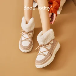 BeauToday Winter Boots Women Cow Suede Patchwork Wool Cross Tied Wool Round Toe Mixed Color Warm Female Booties Handmade 08213