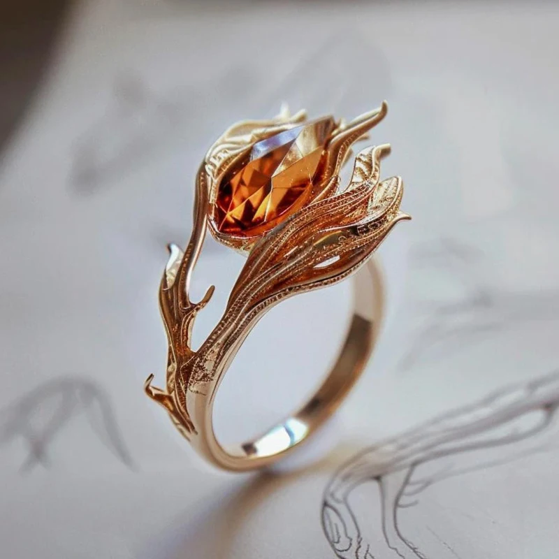 Unique Charm Gloss Phoenix’s Orange Crystal rings for women Exquisite Showy Antique Gold Craftsm Couple's Ring Banquet Jewelry