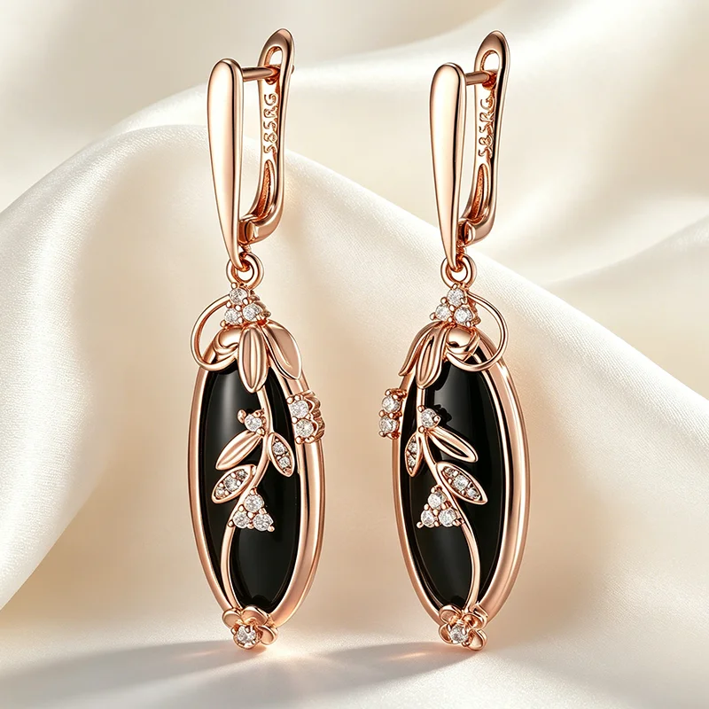 Kinel Heißer Funkelnden Schwarzen Natürlichen Zirkon Lange Tropfen Ohrringe Frauen 585 Rose Gold Farbe Vintage Hochzeit Party Edlen Täglichen Schmuck
