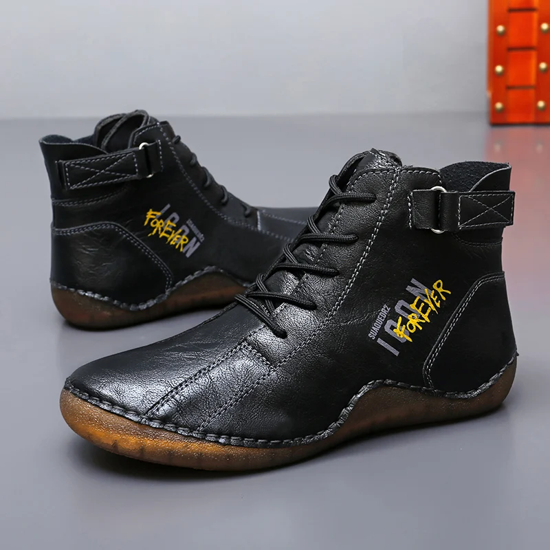 

Мужские кожаные ботинки большого размера, высокие дышащие кроссовки на мягкой подошве на плоской подошве, повседневные деловые прогулочные туфли на шнуровке в стиле ретро для мужчин