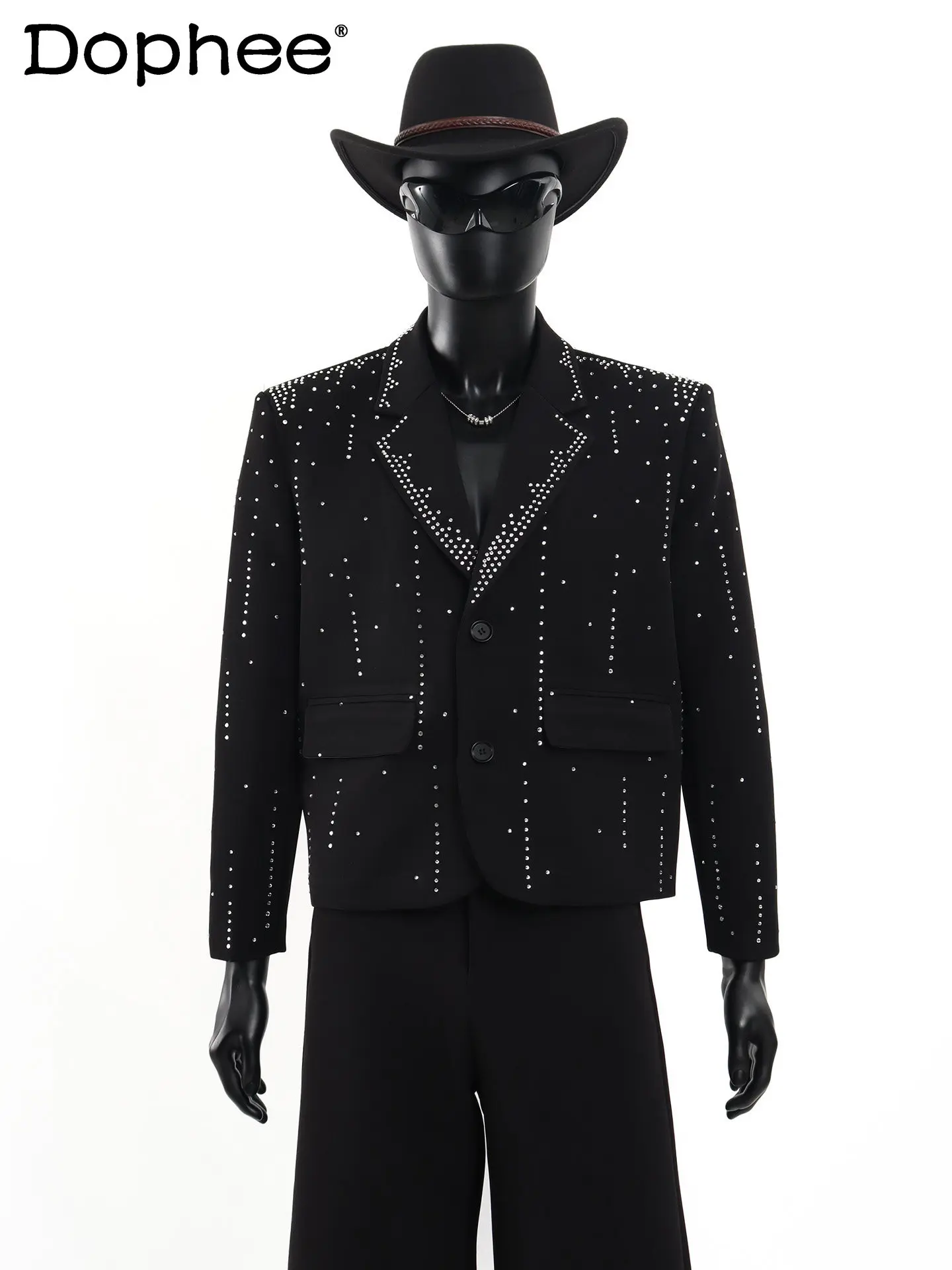 

Fashion Trendy Design Heavy Rhinestone Black Suit Jacket for Men High-end Loose Casual Blazer