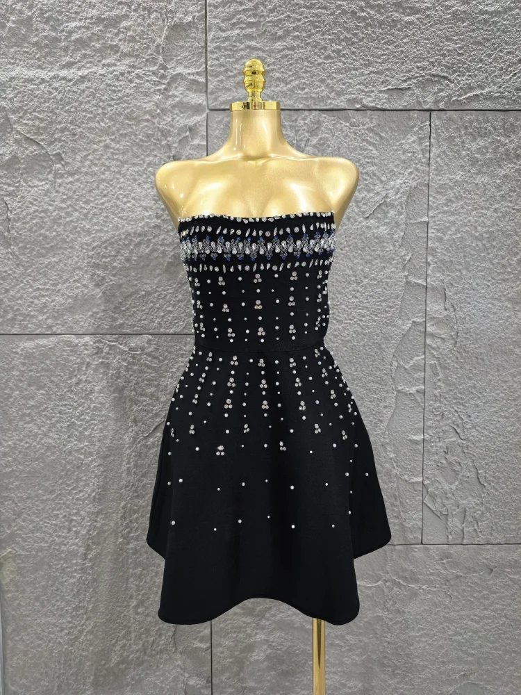 

Black Color Women Sexy Strapless Shinning Crystal A-Line Mini Bandage Dress Birthday Party Celebrate Cocktail Outfit Wholesale