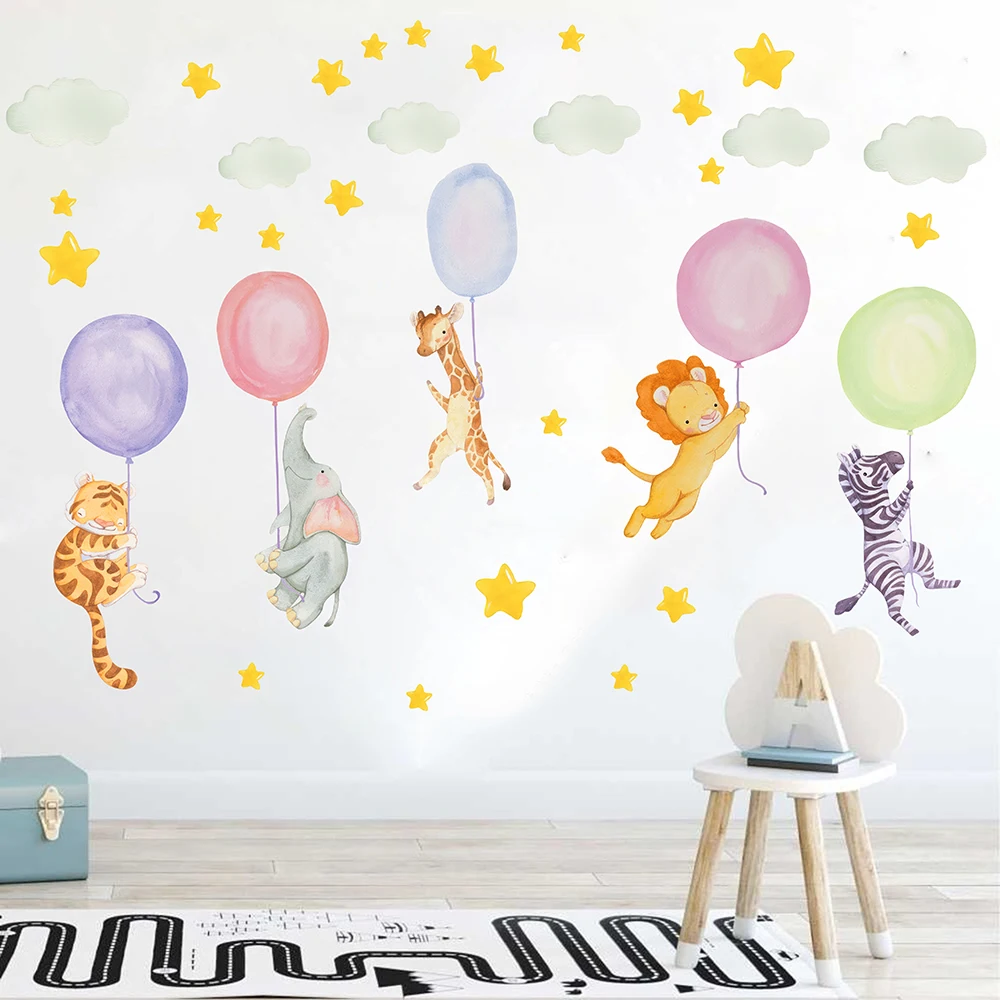 Cartoon Watercolor Safari Animals Balloon Wall Sticker Nursery Kids Room Elephant Lion Giraffe Wall Decal Bedroom Home Decor