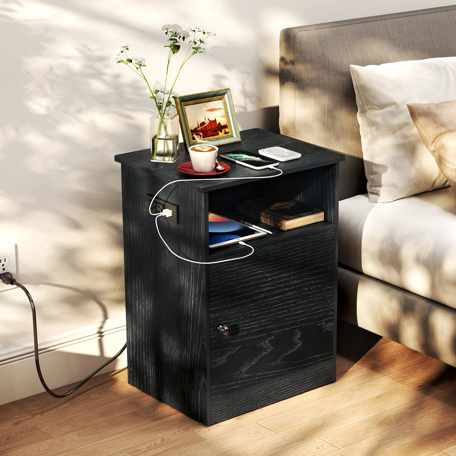 

Nightstand Side Table with Power Station Bedroom End Table Night Stand