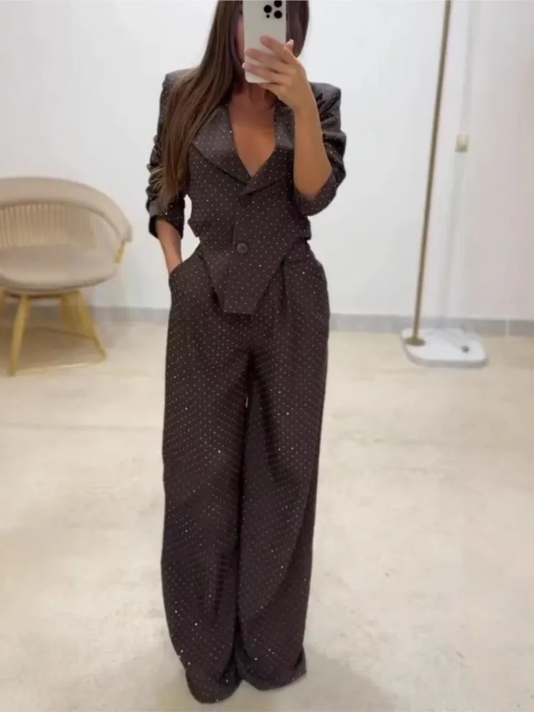 

New Diamonds Shiny Women's 2piece set Autumn Elegant Turn-down Collar Button Irregular Jacket+High Waist Pants Sets Long Sleeve