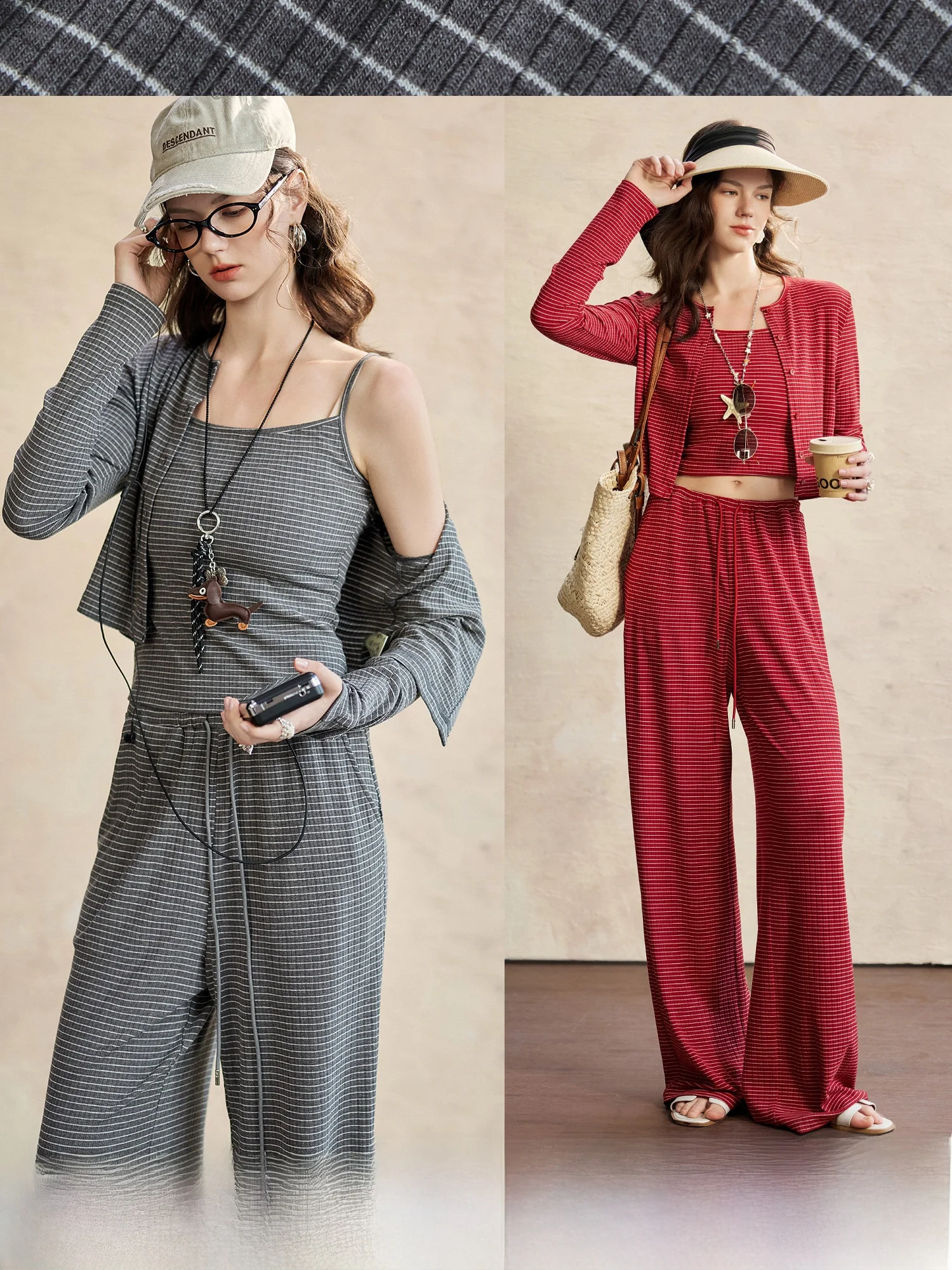 

Striped New Sequence Casual Cotton Open Cardigan Jacket Strap Wide Leg Pants Set for Women Spring Season Loose Fit Style