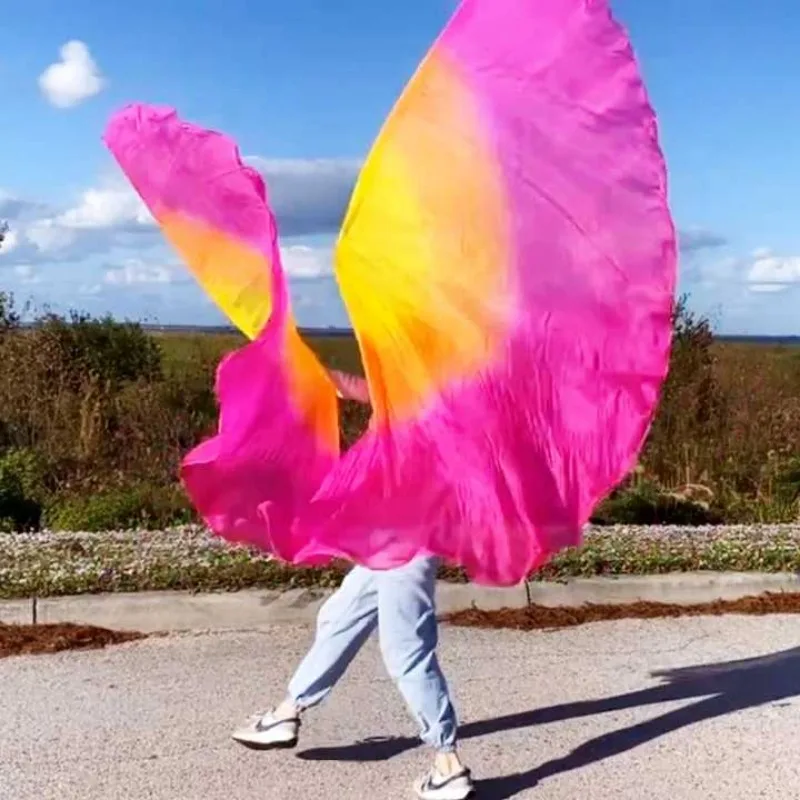 

1Pair Professional Silk Veils Isis Wings Oriental Dance Performance Props Half Circle Round Flag With Stick Tie Dye Design