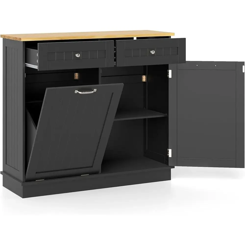 

15.5-Gallon Wooden Trash Can with Storage Shelf and Adjustable Rack for Kitchen or Laundry Room, Pet-Proof, Black