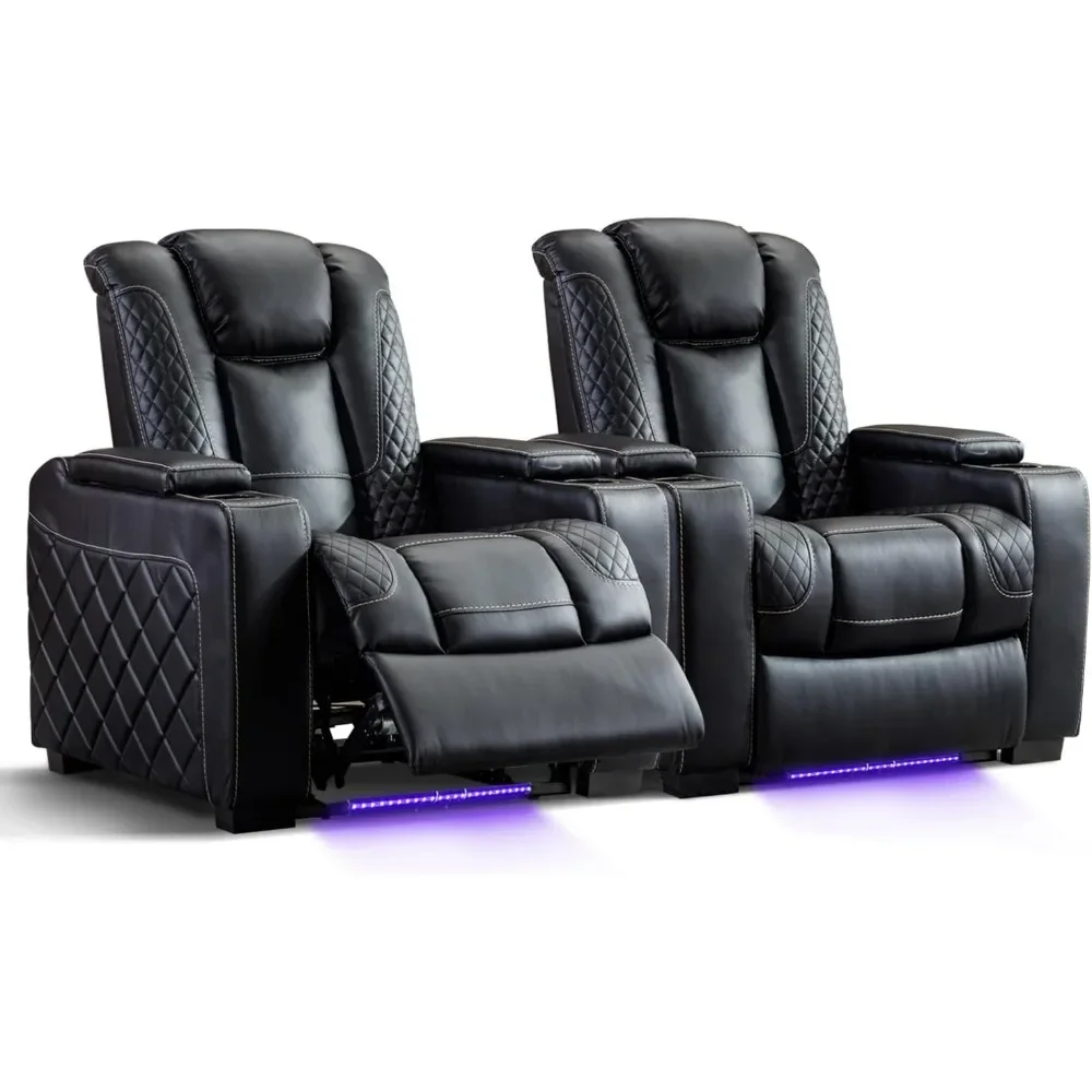 Theater Seating Set of 2, Chair with Ambient Lighting, Power Headrest, Lumbar Support Faux Leather Electric Power Recliner