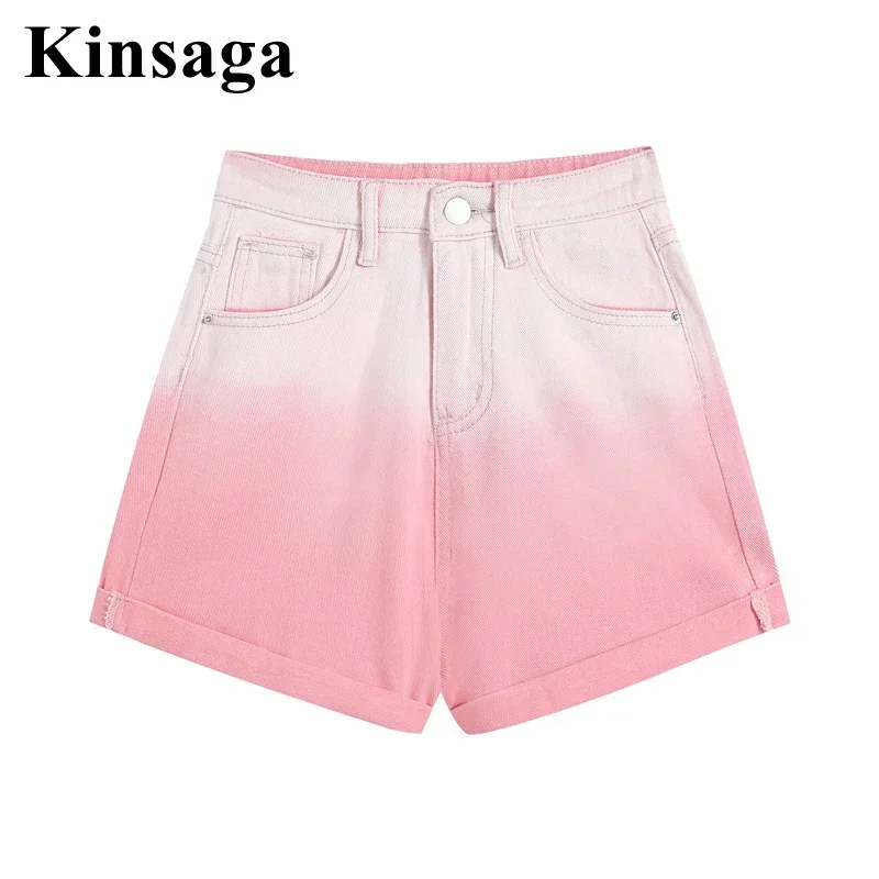 Women Street Cuffed Gradient Color Short Pants Jeans Feminino Summer High Waisted Loose Straight Pink Denim Shorts Y2K Hotpants