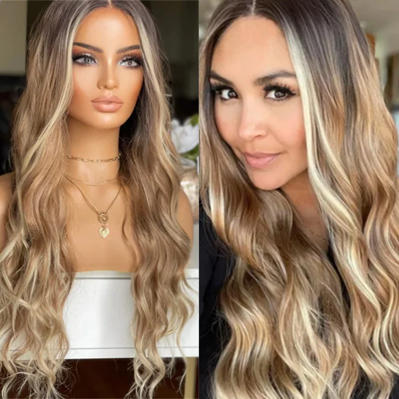 

13x4 Caramel Brown Blonde Highlights Synthetic Lace Front Wig Preplucked Hairline 28 Inch Long Body Wave Wig High Quality Wig