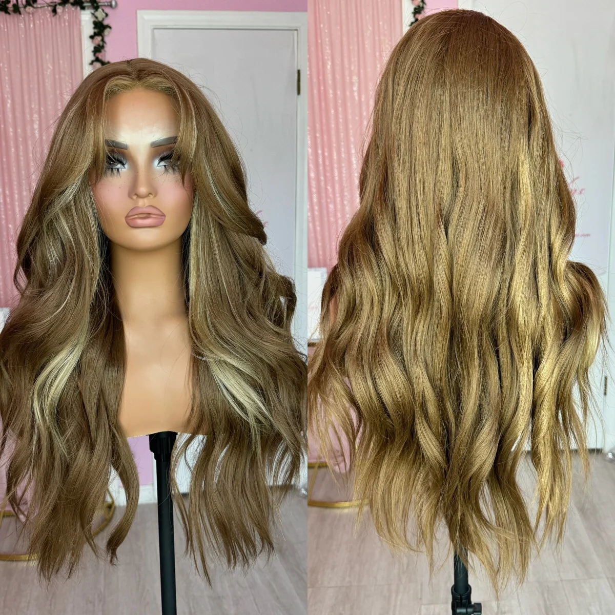 

Парики с объемной волной, 28-дюймовый коричневый синтетический парик спереди, Ombre Blonde, парики для косплея для женщин, распродажа, готовые к работе