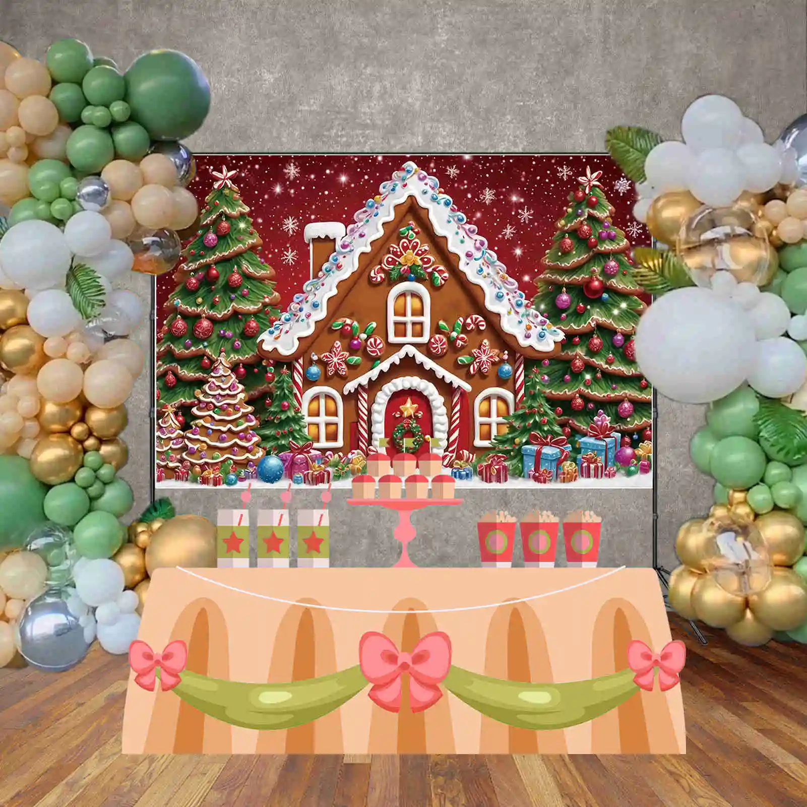 MOON.QG Christmas Trees 2024 Backgrounds Red Snowflake Gingerbread House New Year Backdrops Party Decoration Photography Props