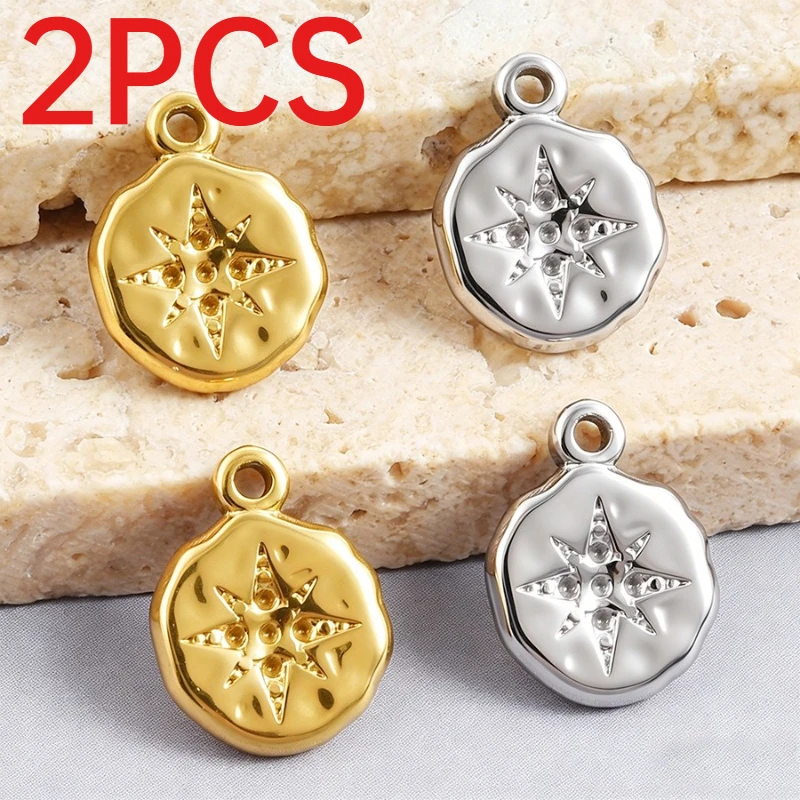 2Pcs Stainless Steel 8-Pointed Star Charms French Embossed Round Pendants Rhinestone Inlay Blank DIY Necklace Bracelet Accessory