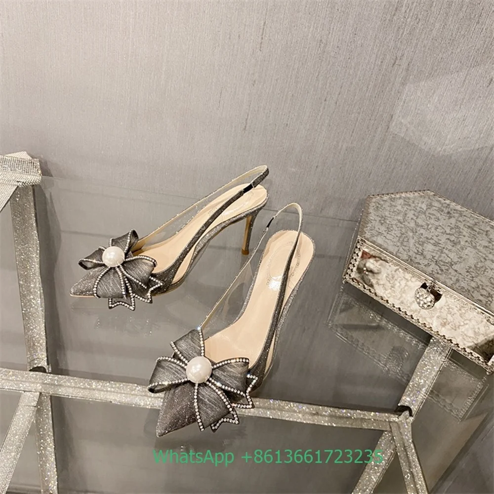 Pearl Bow Sequin Fabric Bling Bling Women Sandals Pointed Toe Shallow Thin High Heels 2025 Newest Fashion Party Wedding Shoes