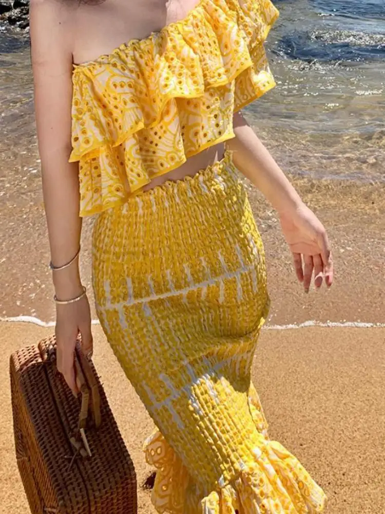 Fashion Print Embroidery 2 Pieces Set For Women Slash Neck Short Sleeve Tops Casual Ruffle Fishtail Skirts Summer New Beach Sets