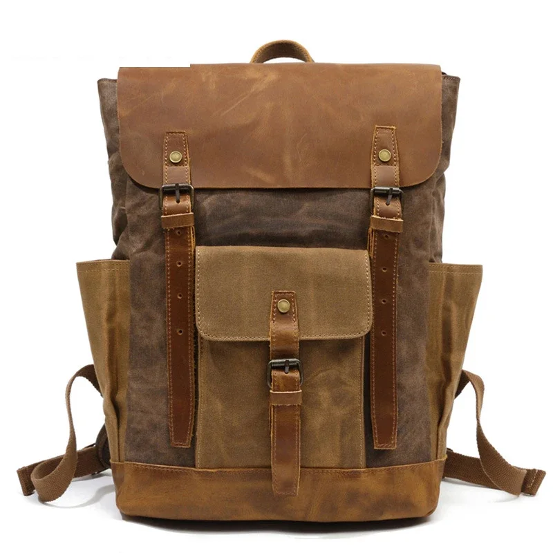 MUCHUAN Oil Wax Canvas Cow Leather Backpacks Unisex Waterproof Rucksacks 15\