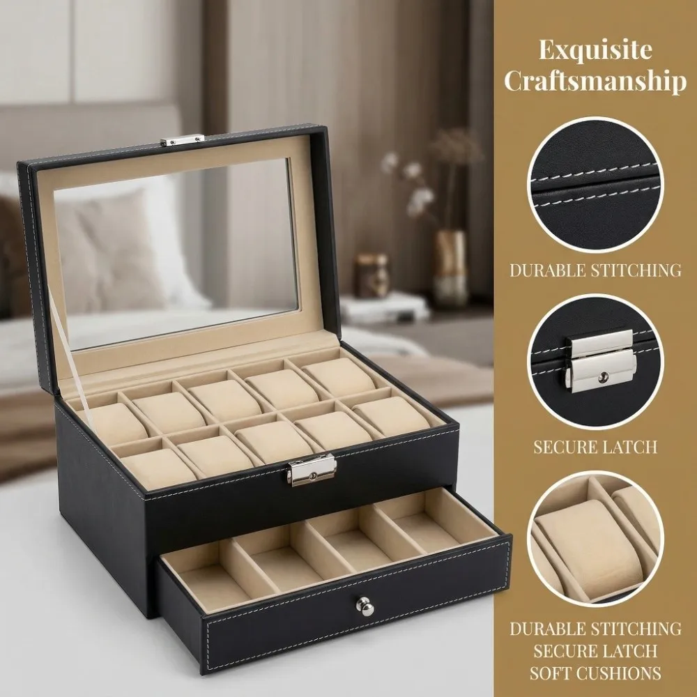 Large Capacity 20 Slots Watch Box Black PU Leather Storage Box Clear Window Faux Leather Wristwatch Holder Counter Display
