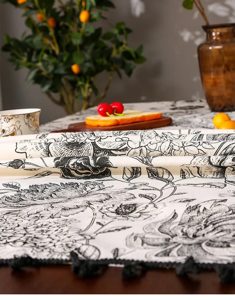 Cotton linen tablecloth with peony tassel print, INS style home dining table cover, Amazon wholesale