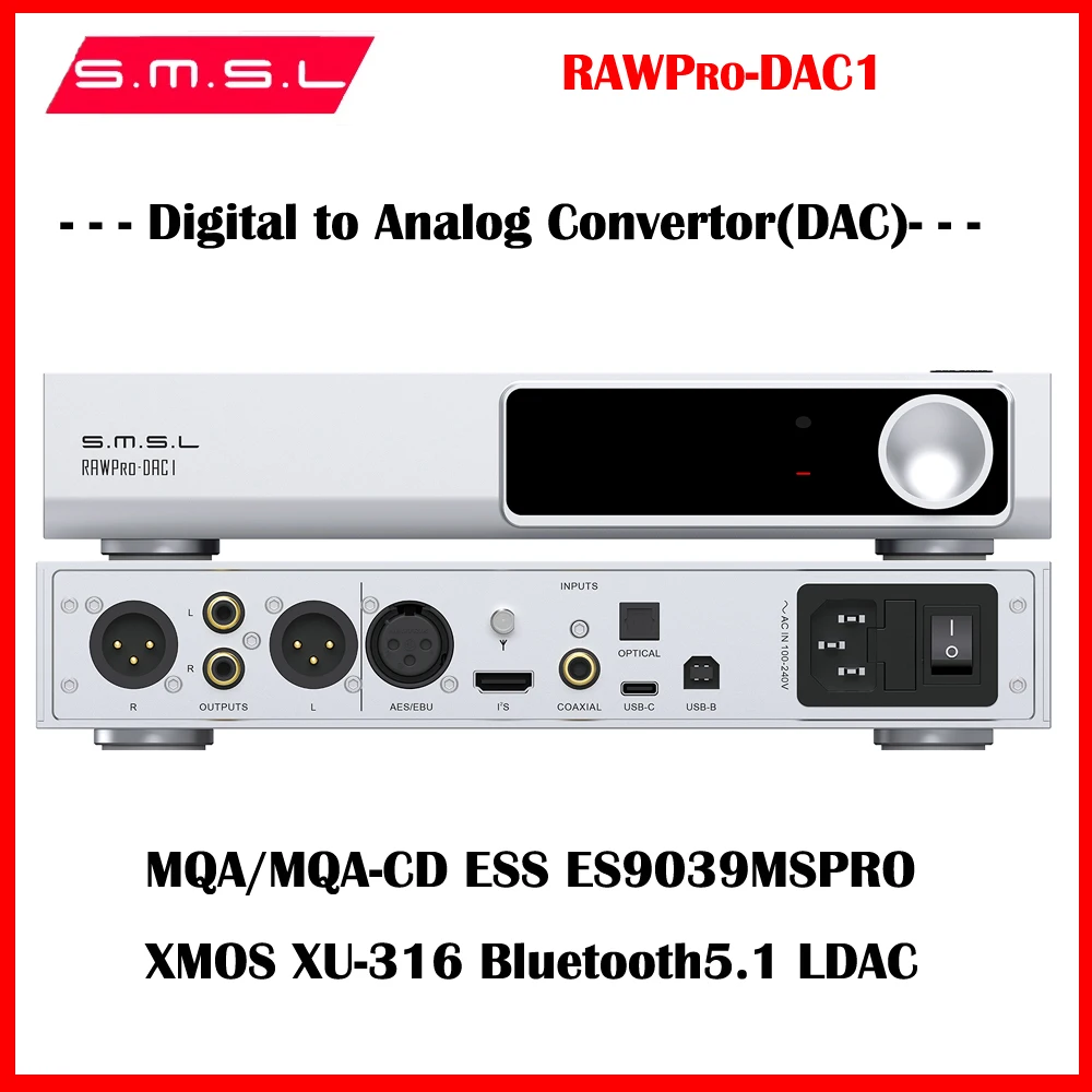 SMSL RAWPRO-DAC1 Digital Audio Decoder USB DAC ES9039MSPRO LDAC MQA APTX/HD SBC AAC DSD Balanced Bluetooth 5.1 DSD512 Decoding