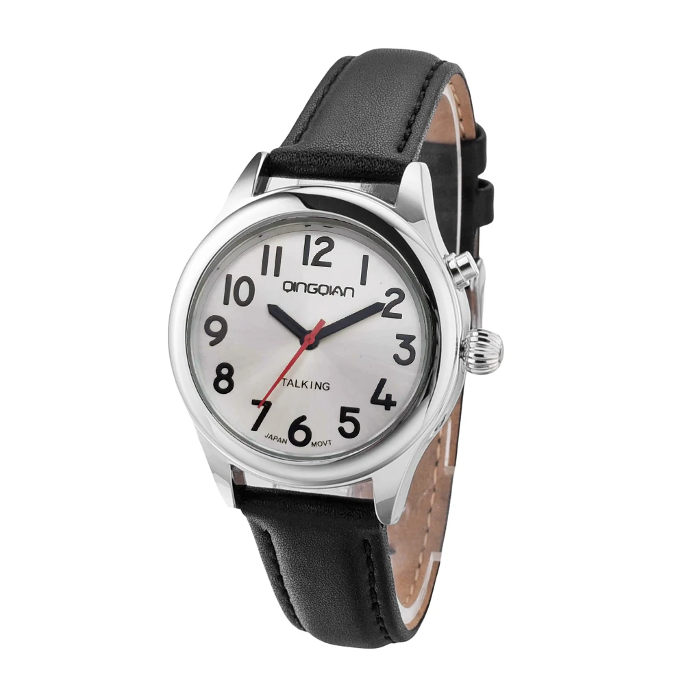 

QINGQIAN Russian talking watch,Silver shell, silver leather strap