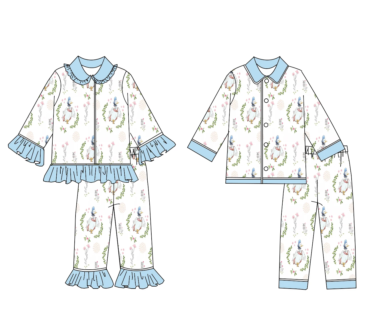 

Boutique Children's pajamas set hot selling lapel long sleeve lace leaf circle big goose print trousers lace girls boy pants set