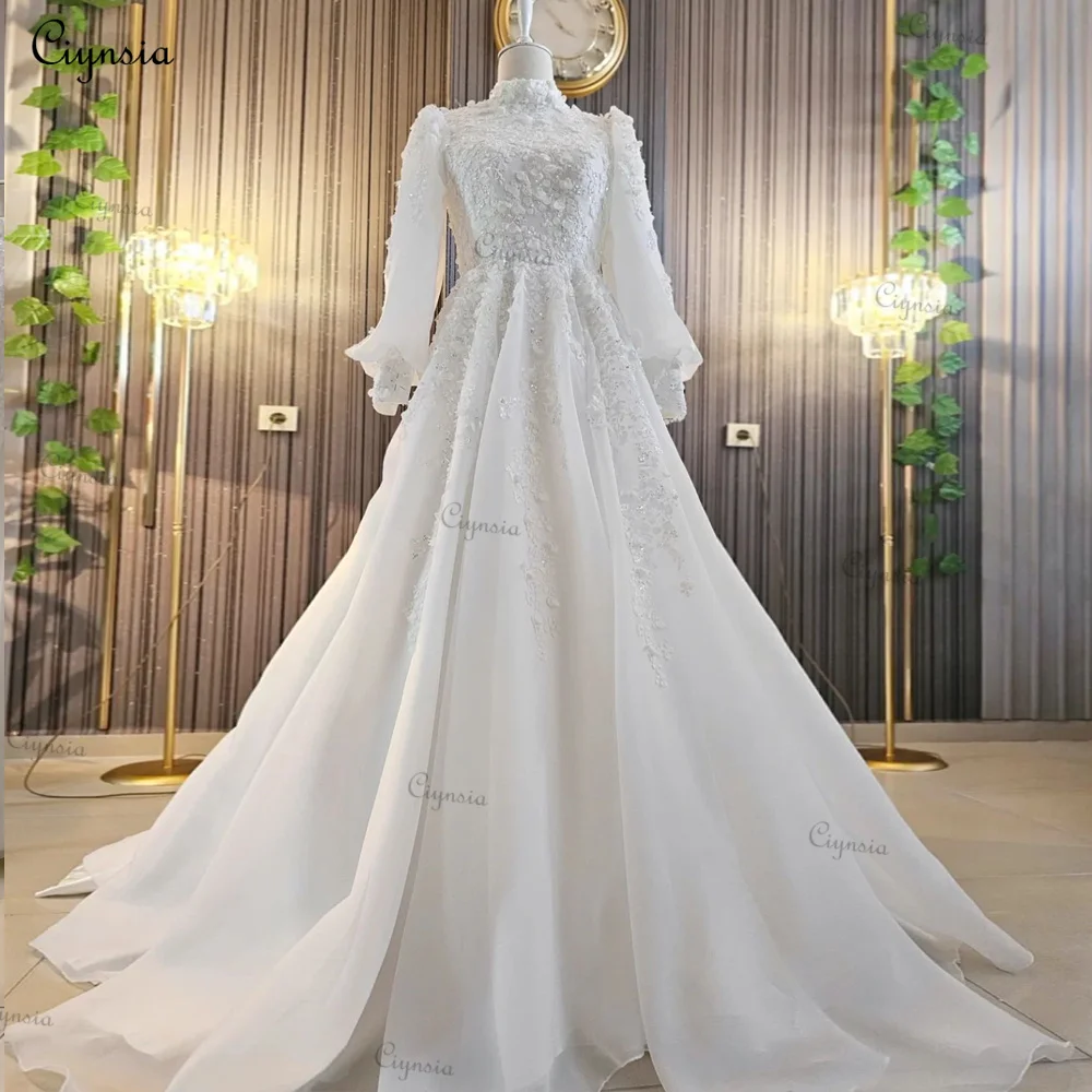 Ciynsia France Muslim Wedding Gowns for Women 2024 Bride Lace Long Sleeve High Neck Dubai Bridal Dress Appliques Robe De Mariée