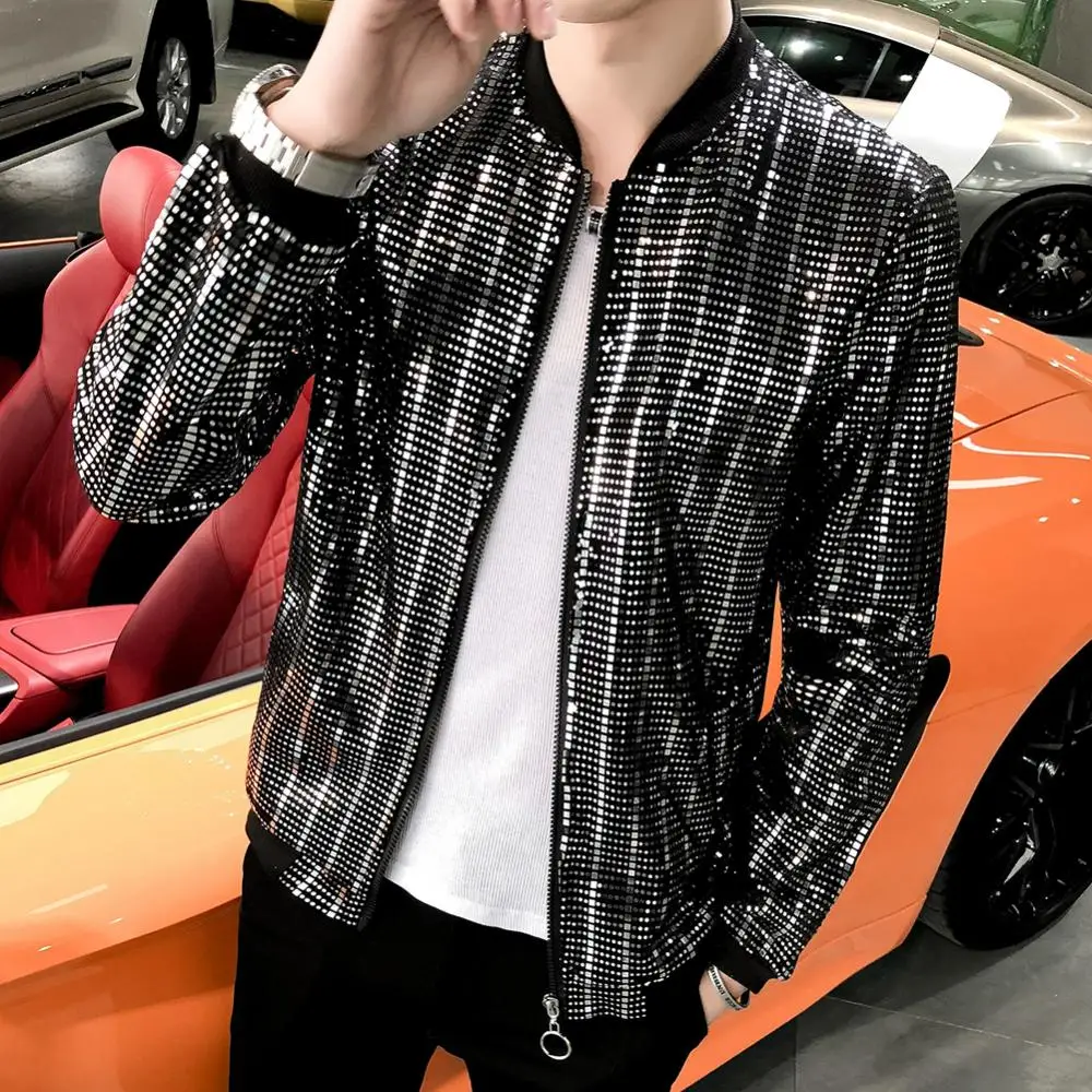 Jacket Coat Slim Men Long Sleeve Pocket Shiny Sequins Zip Nightclub Singer Fit Coat