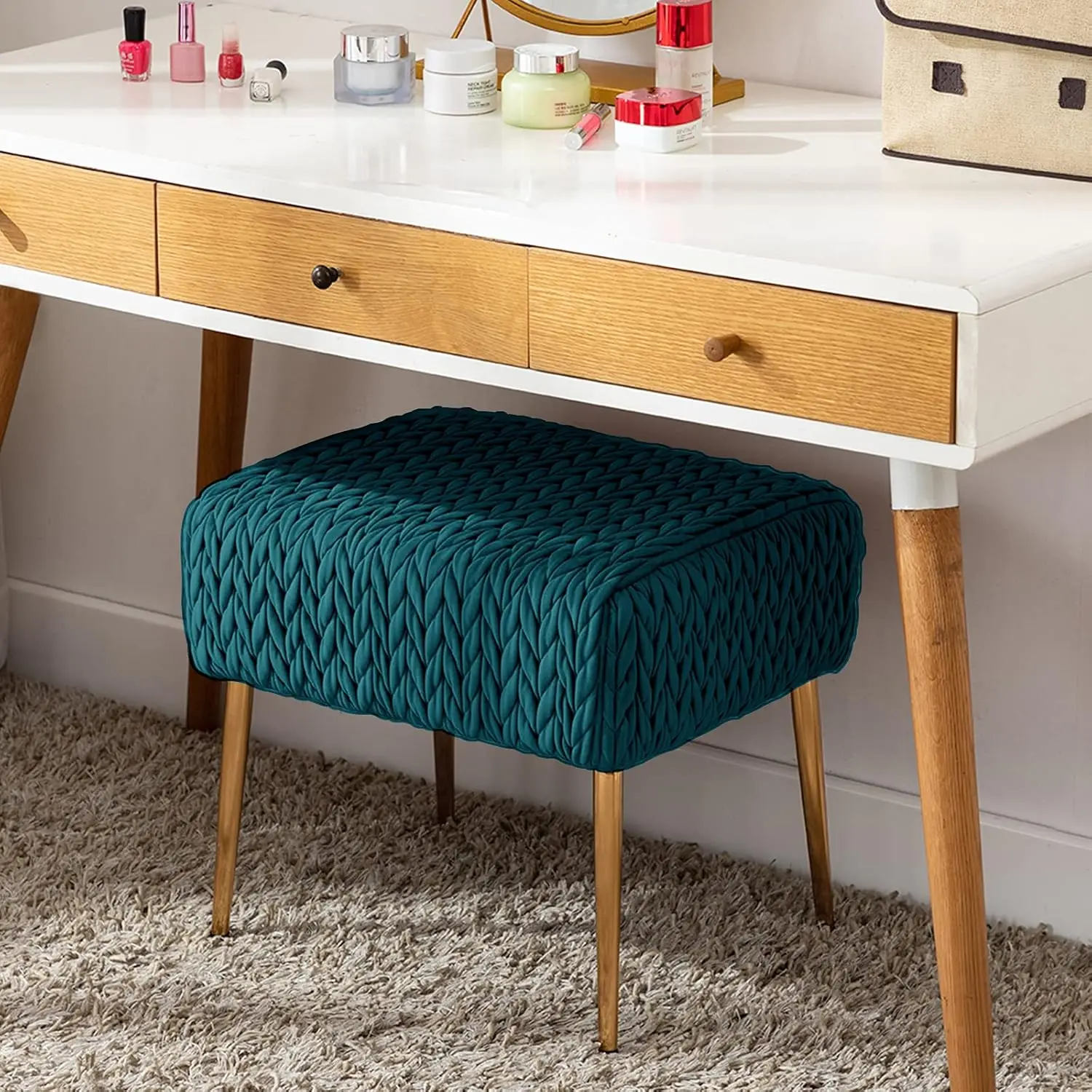 

Modern Velvet Upholstered Ottoman, Tufted Footrest Vanity Chair Makeup Chair Vanity Stool For Bedroom Living Room Kids' Room