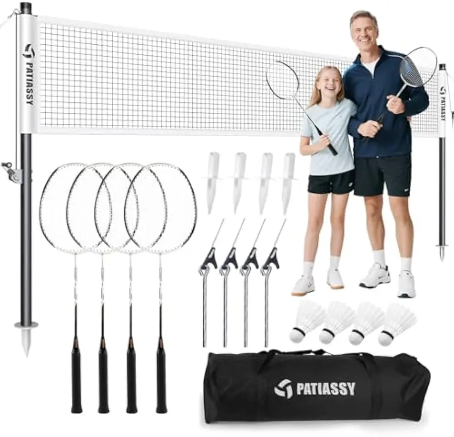 

Outdoor Badminton Set with Anti-Sag Net, 4 Rackets, Shuttlecocks & Carry Bag for Backyard or Beach Fun