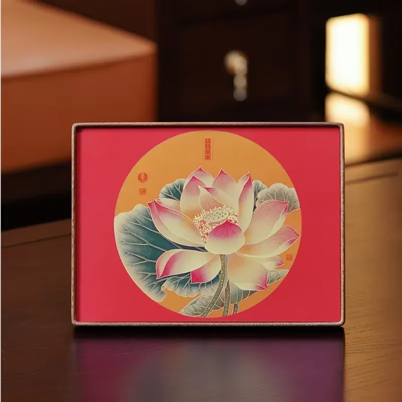 Guge Yuanzuo Brass Solid Wood Rectangle Lotus Sculpture Chinese Style Tabletop Decor Environment-Friendly Home Interior Gift
